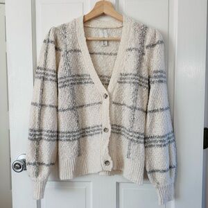 Joie Plaid Button Up V-Neck Cardigan Sweater Cream Gray Size S